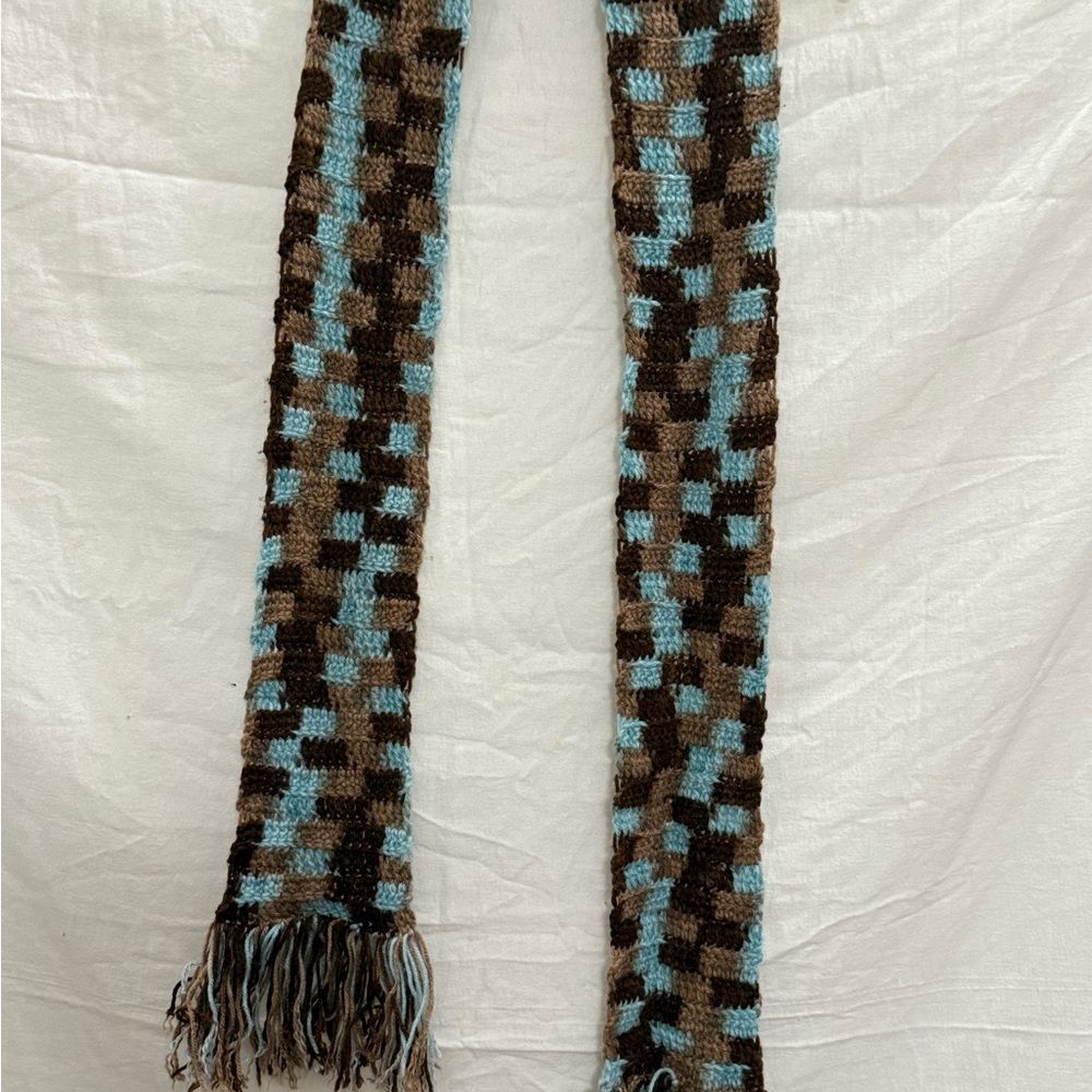 Handmade Crochet Checkered Scarf Brown Blue Fringe Winter Layering Grannycore
